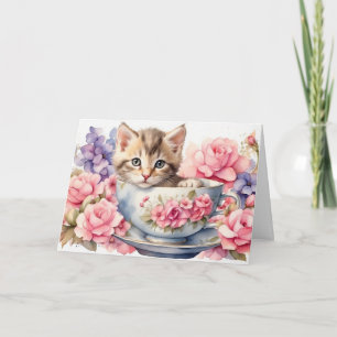 Cartão Gatinho de Aquarela em Xícara de Chá com Flores 