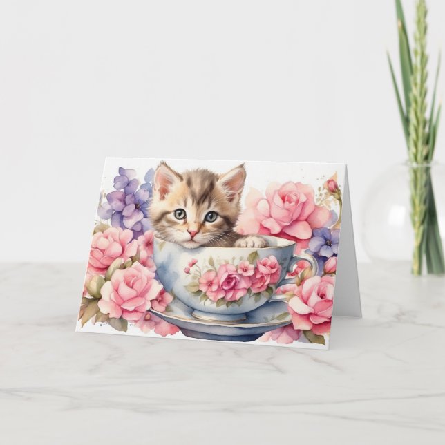 Cartão Gatinho de Aquarela em Xícara de Chá com Flores  (Frente)