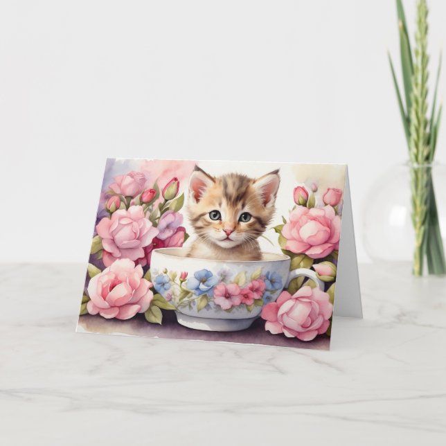 Cartão Gatinho de Aquarela Fofo em Xícara de Chá Floral (Frente)