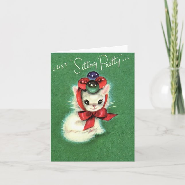 Cartão Gatinho de Natal "Sitting Pretty" Vintage (Frente)