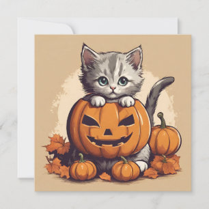 Cartão Gatinho do Dia das Bruxas e Jack-O'-Lanterna