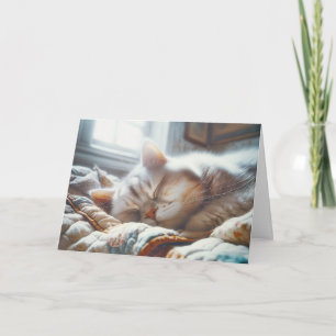 Cartão Gatinho Dormindo em Colcha Velha de Aniversário