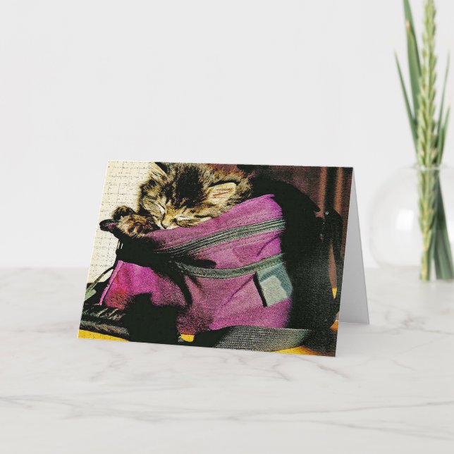 Cartão Gatinho Dormindo Na Bolsa, Menina Personalizada (Frente)