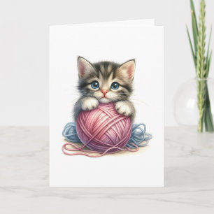 Cartão Gatinho Fofo com Cobertor de Linha para Qualquer O