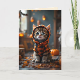 Cartão Gatinho fofo com um casaco preto e laranja no Hall