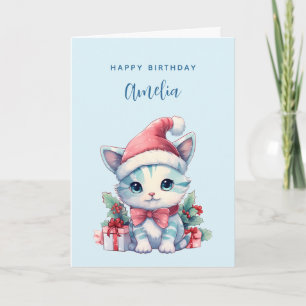 Cartão Gatinho Fofo de Chapéu de Papai Noel Aniversário d