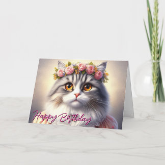 Cartão Gatinho Fofo de Vestido e Coroa de Aniversário