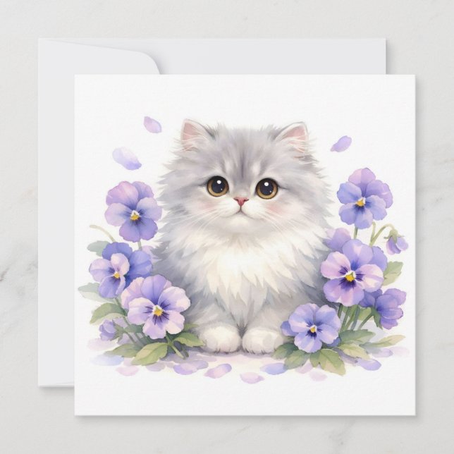 Cartão Gatinho Fofo em Aquarela com Flores de Pensée Roxa (Frente)