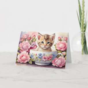 Cartão Gatinho fofo em xícara de chá floral aquarela
