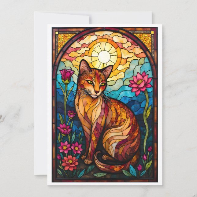 Cartão Gatinho Laranja Estilo Vitral com Flores Rosas (Frente)