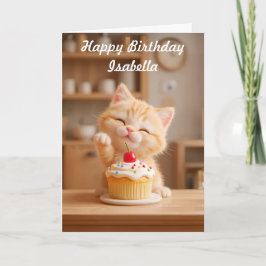 Cartão Gatinho Laranja Fofo com um Bolo de Aniversário
