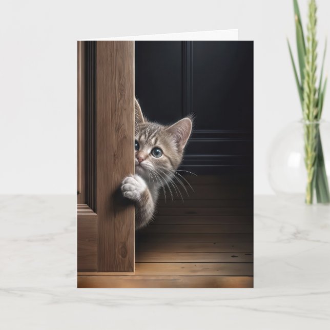 Cartão Gatinho Pensando em Você Espiando por uma Porta (Frente)