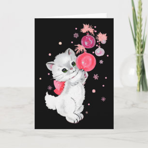 Cartão Gatinho Retro Brinca Com Enfeite De Natal Rosa