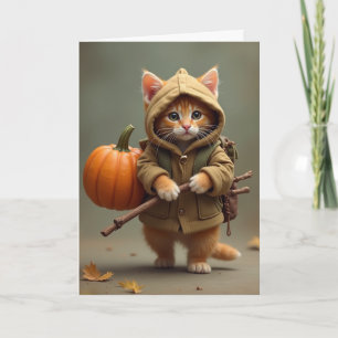 Cartão Gatinho vagabundo viajante com abóbora