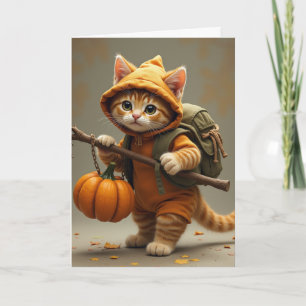 Cartão Gatinho vagabundo viajante com abóbora