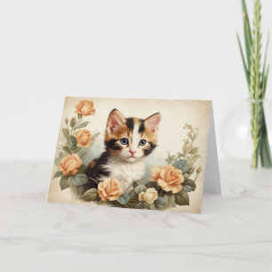 Cartão Gatinho Xadrez Vintage Foto Fofo Flores Doce