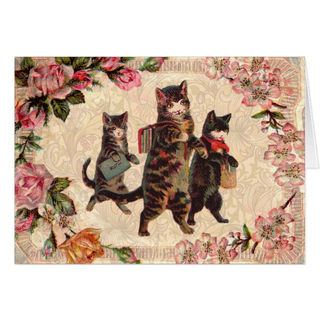 Cartão Gatinhos Antiquados Bonito de Cat Vintage (Frente Horizontal)