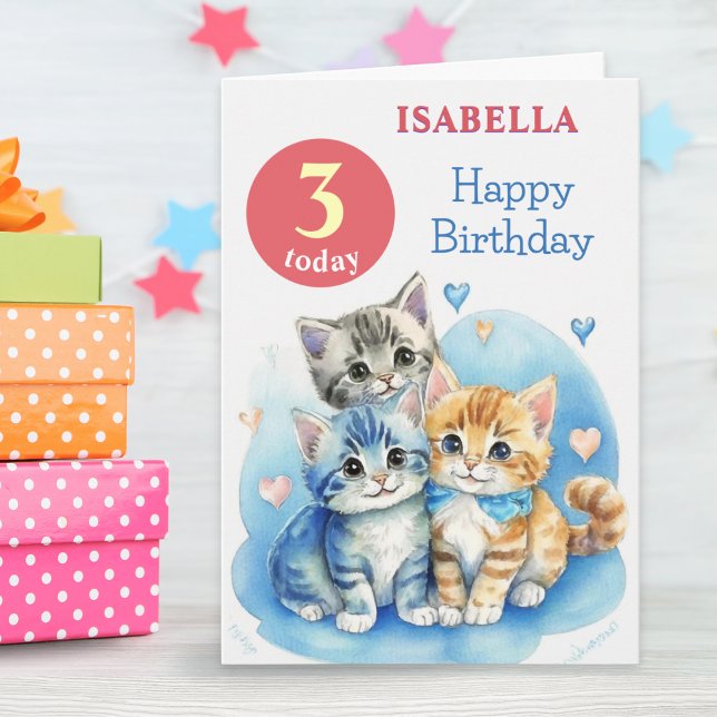 Cartão Gatinhos Fofos Nome Personalizado Crianças Idosas  (A personalized card for a 3rd birthday, with '3 today' and cute kittens in a watercolor style)