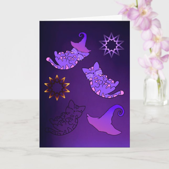 Cartão Gatinhos Roxos com Chapéus e Estrelas de Bruxas (Orquídea)