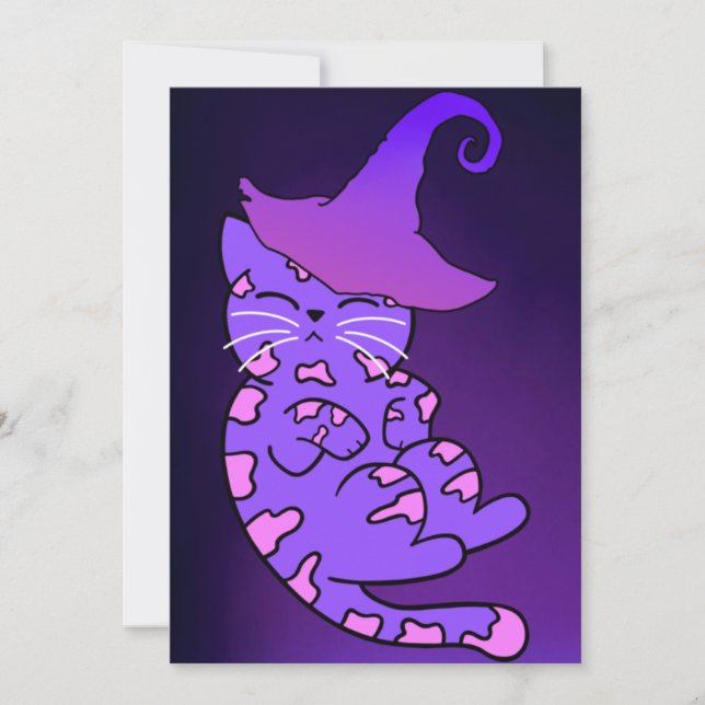 Cartão Gatinhos Roxos com Chapéus e Estrelas de Bruxas (Frente)