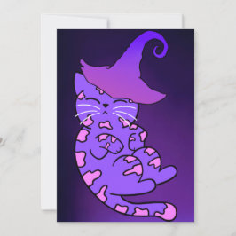 Cartão Gatinhos Roxos com Chapéus e Estrelas de Bruxas