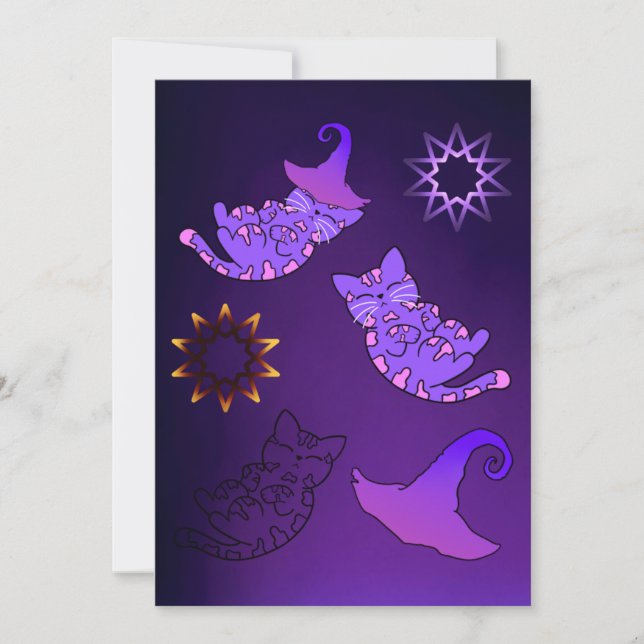 Cartão Gatinhos Roxos com Chapéus e Estrelas de Bruxas (Frente)