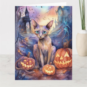 Cartão Gato Abissínio de Halloween com Abóbora Assustador