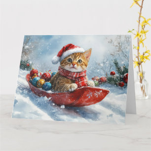 Cartão Gato Abissínio em Trenó Deixe Nevar Natal