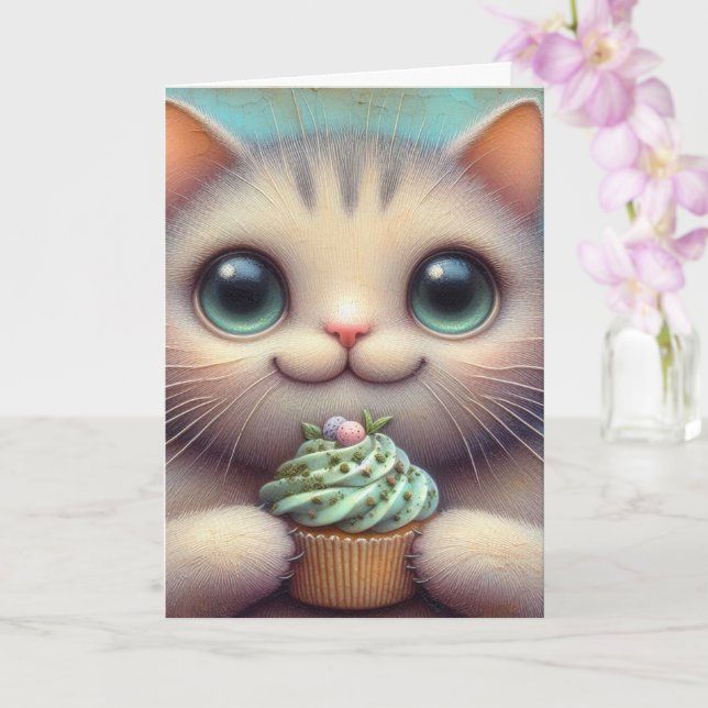 Cartão Gato Adorável com Cupcake de Erva-Cidreira para To (Orquídea)