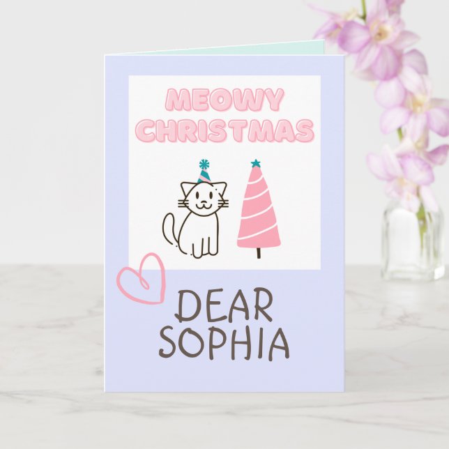 Cartão Gato Adorável em um Chapéu e Pastel Feliz de Natal (Orquídea)