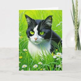 Cartão Gato Adorável Personalizado em um campo de Daisies