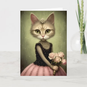Cartão Gato Adorável Segura Rosas Cor-de-Rosa