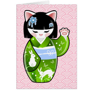 Cartão Gato afortunado japonês Maiko de Kokeshi Maneki