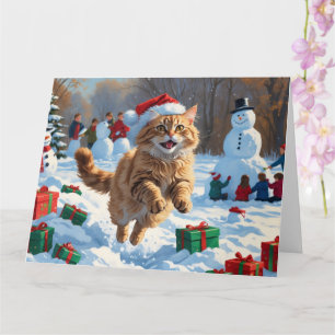 Cartão Gato Angora Turco Correndo na Neve Chapéu de Natal