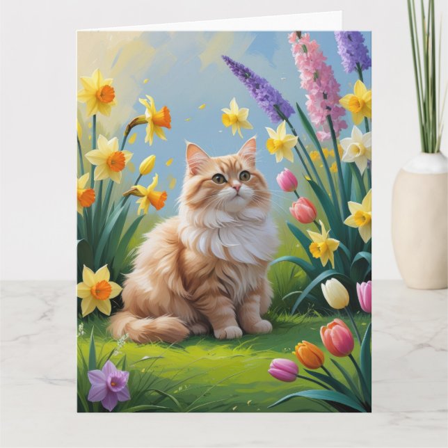 Cartão Gato Angorá Turco Pintura de Flores da Primavera (Frente)
