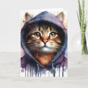 Cartão Gato Aquarela em Capuz Roxo Azul Splash Branco