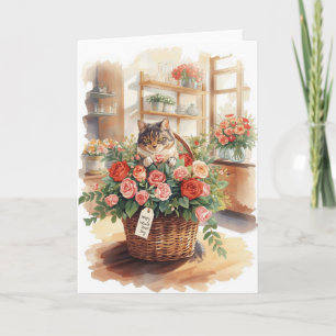 Cartão Gato arranjando flores rosas cesta Dia dos Namorad