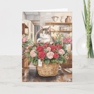 Cartão Gato arranjando flores rosas cesta Dia dos Namorad