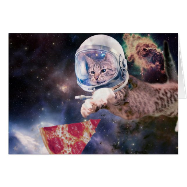 Cartão Gato astronauta caçando uma fatia de pizza (Frente Horizontal)