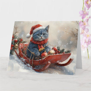 Cartão Gato Azul Oriental no Trenó Neva Natal