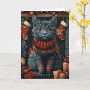 Cartão Gato Azul Russo com Presentes de Natal Lareira