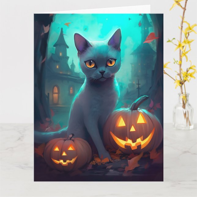 Cartão Gato Azul Russo Halloween Com Pumpkins Assustado (Flor Amarela)