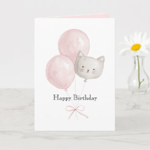 Cartão Gato Bexigas Rosa Bege Aniversário