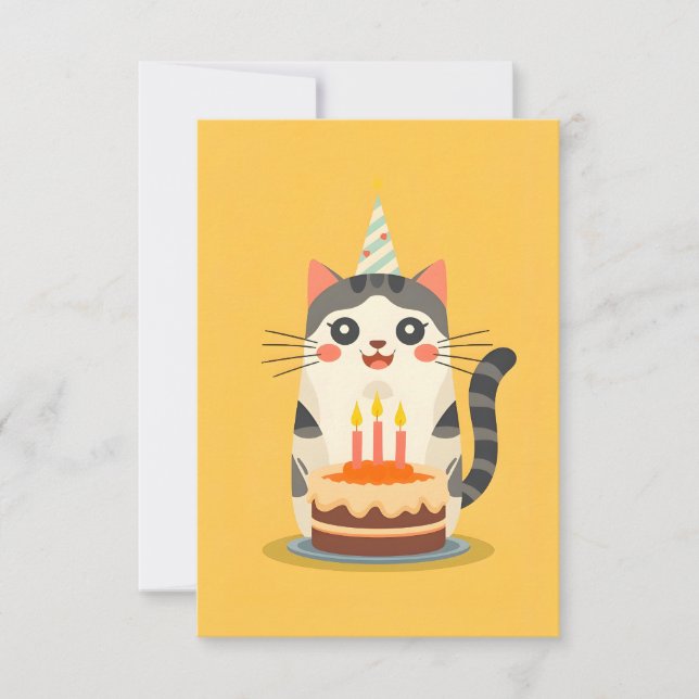 Cartão Gato bonito com bolo de aniversário (Frente)