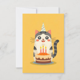 Cartão Gato bonito com bolo de aniversário