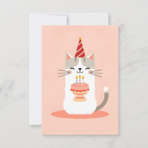 Cartão Gato bonito com bolo de aniversário