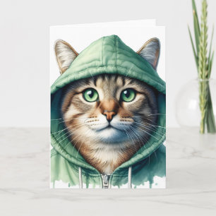 Cartão Gato bonito com capuz verde Vazio de Gatinho engra