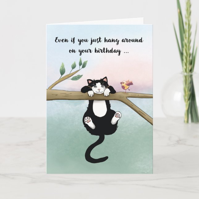 Cartão Gato Bonito de Aniversário a Par com Pássaro (Frente)