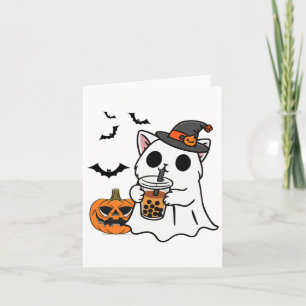 Cartão Gato Bonito De Halloween No Fantasma Bebendo Boba
