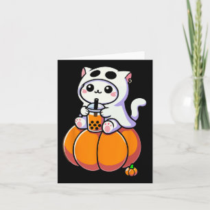 Cartão Gato Bonito De Halloween No Fantasma Bebendo Boba